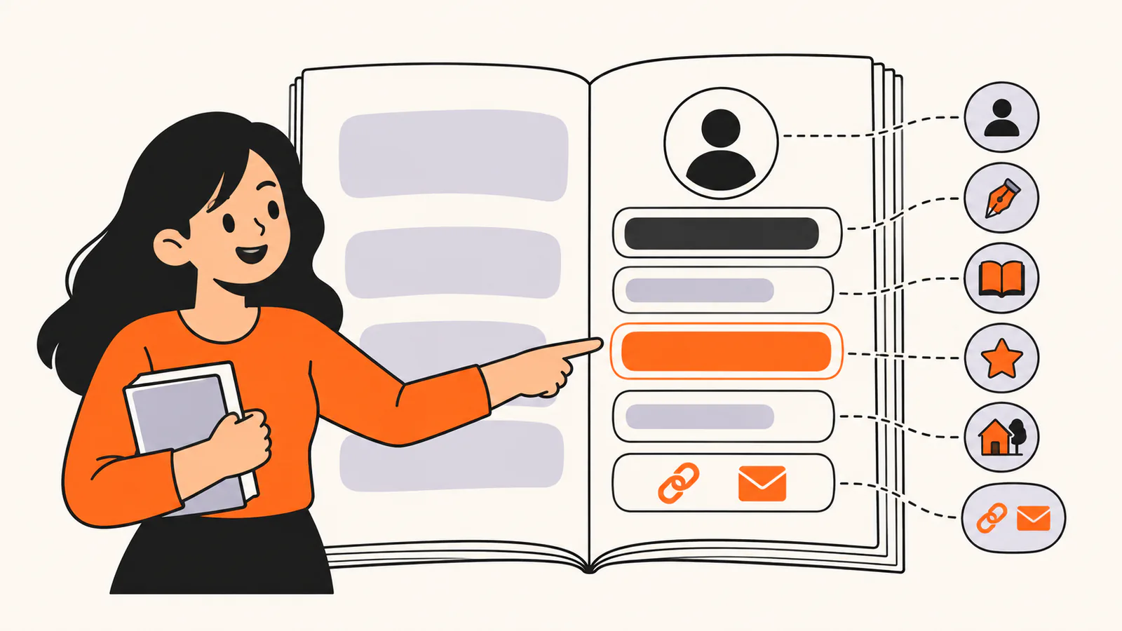 Open book showing an about-the-author page split into parts: author photo, name, genre line, a highlighted credibility line with a star, a personal detail with a house icon, and a row with link and envelope icons