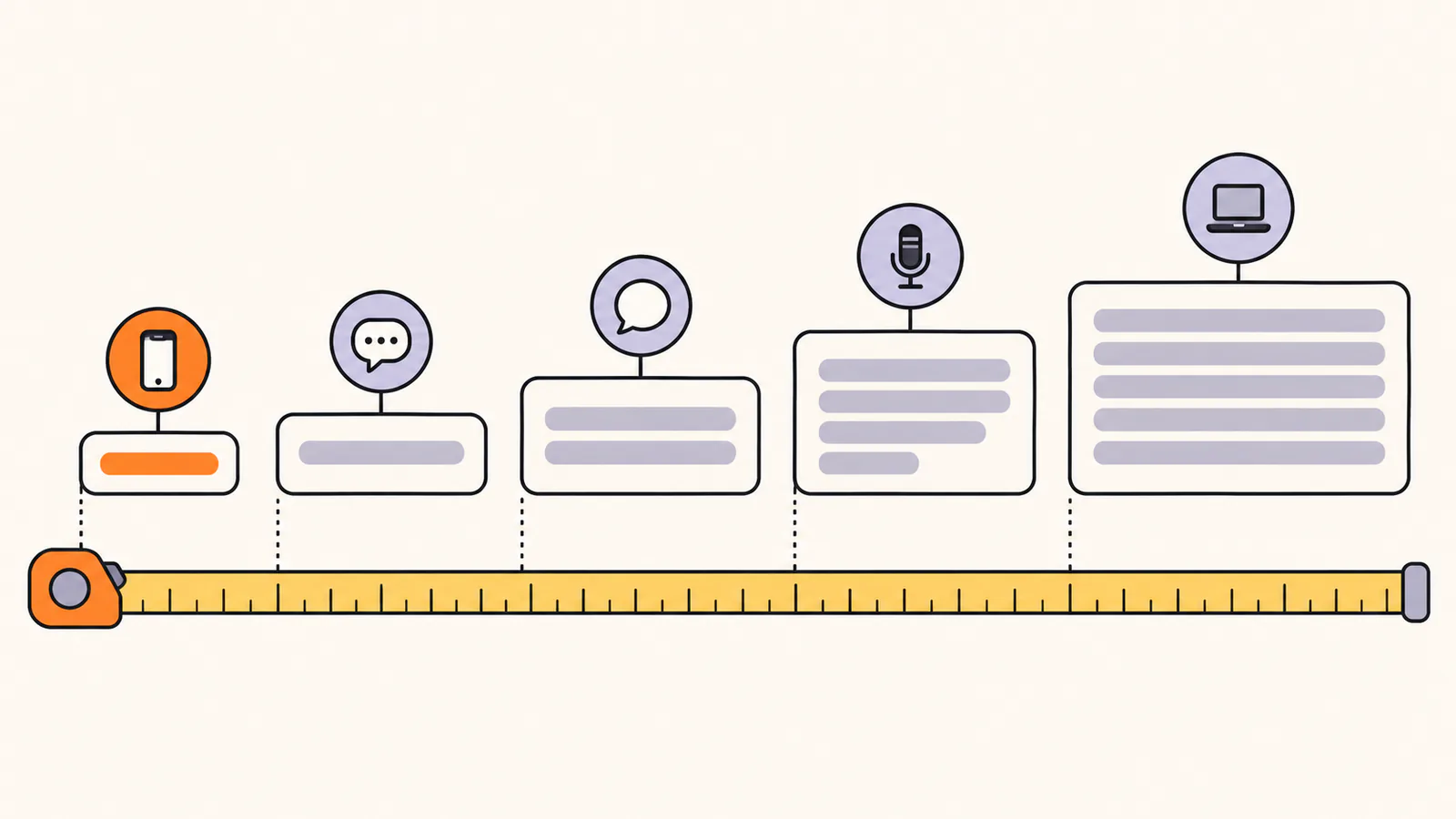 A measuring tape under five bio cards of increasing length, from a one-line card next to a phone icon to a long paragraph next to a laptop icon