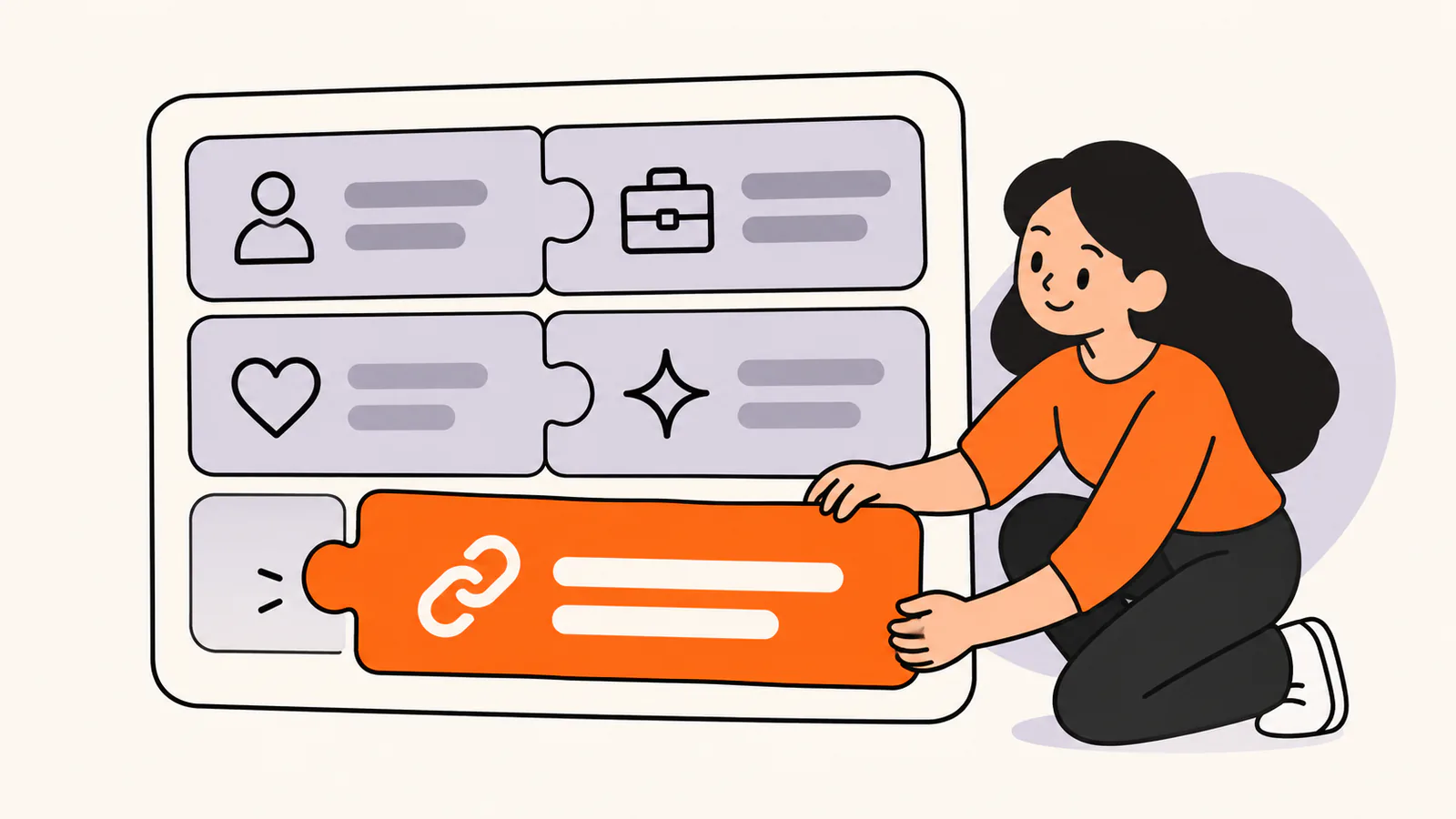 A short bio card built from puzzle pieces: a person and a briefcase on the first line, a heart and a spark on the second, and an orange link piece that a person fits into the last line