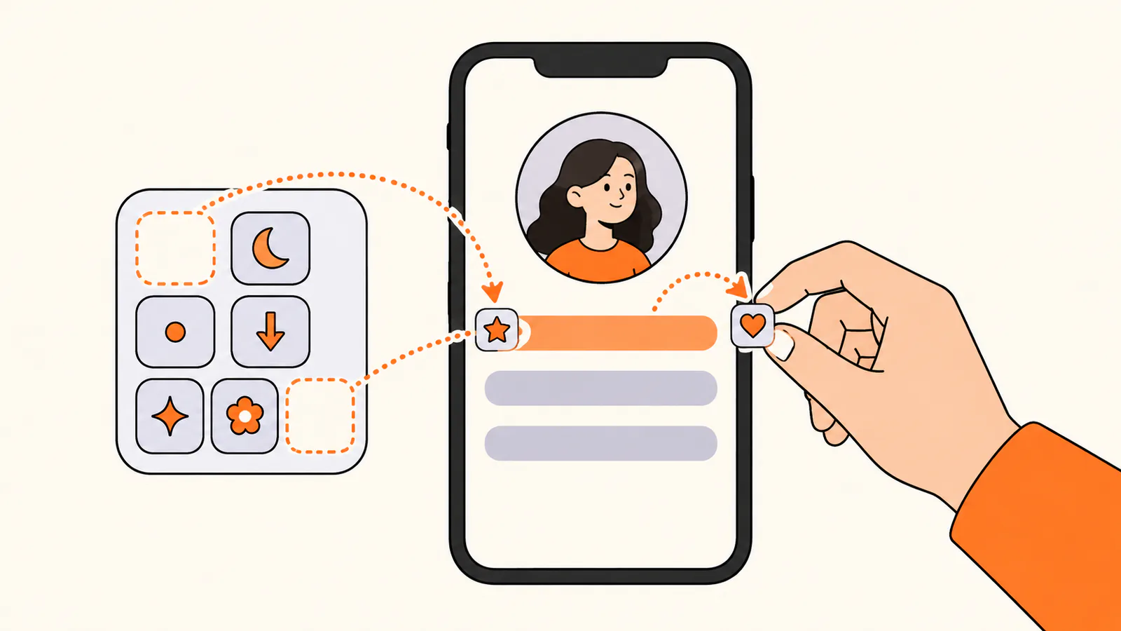 A phone with a three-line bio and a palette of symbol tiles such as a star, moon, heart, dot, arrow and flower, while a hand places two symbols at the ends of the first line