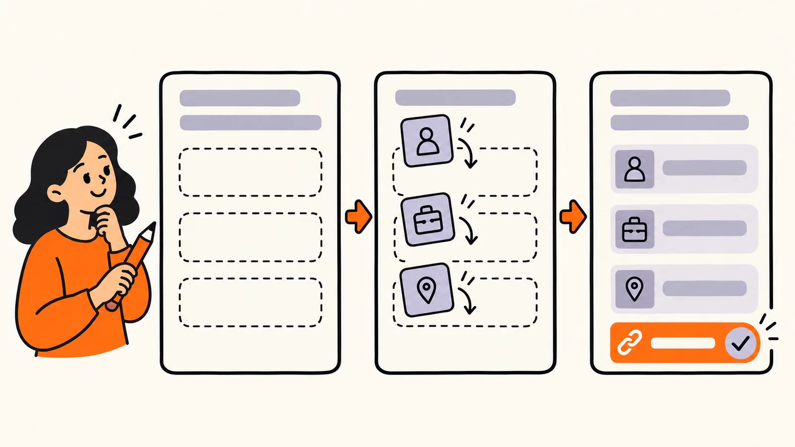 Three cards connected by arrows: a template with empty dashed boxes, the same template with person, briefcase and map pin tiles dropping in, and a finished card with a link line and a check mark