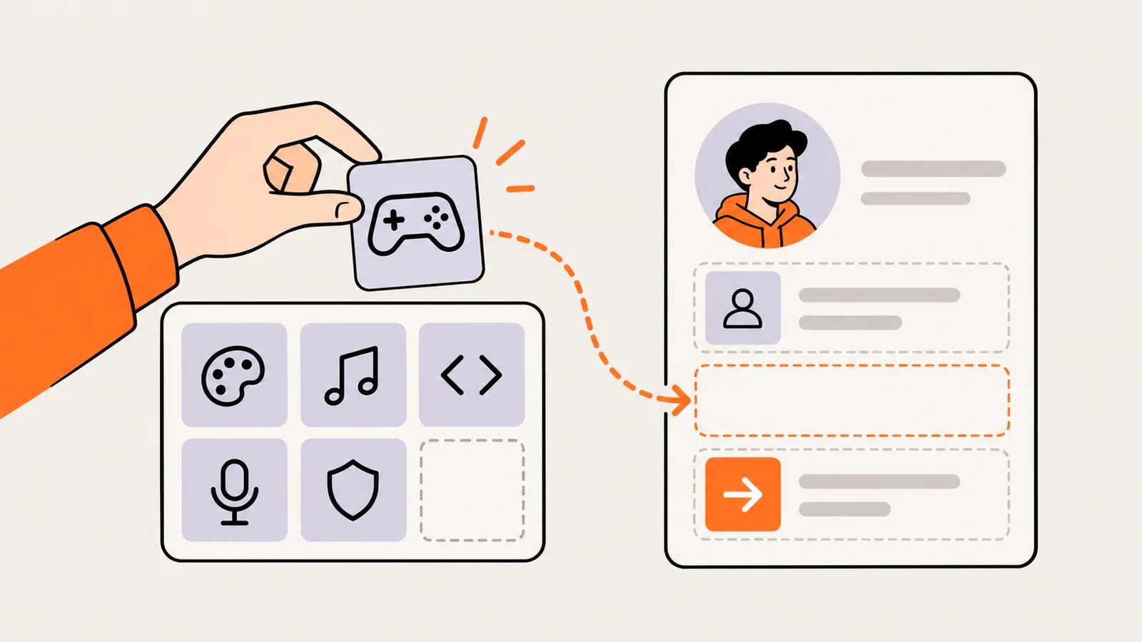 Bio template with a fixed who-you-are slot and call-to-action slot while a hand moves a game controller tile from a tray of art, music, code, microphone and community tiles into the empty middle slot