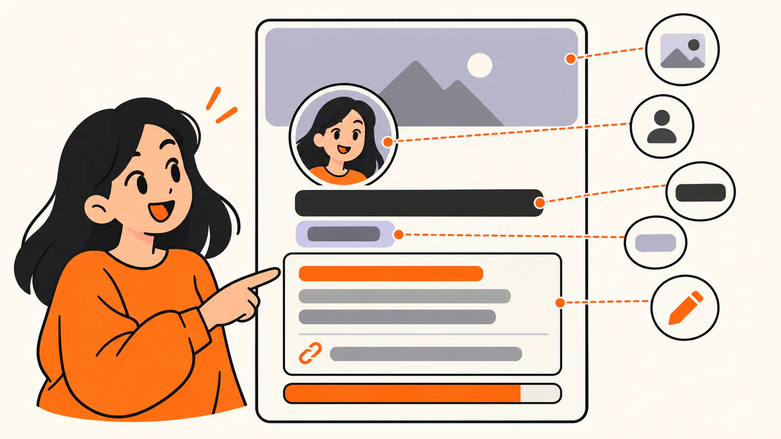 Chat profile card split into its parts: banner, avatar, display name, pronouns pill, and an About Me box with a link row above a nearly full length meter