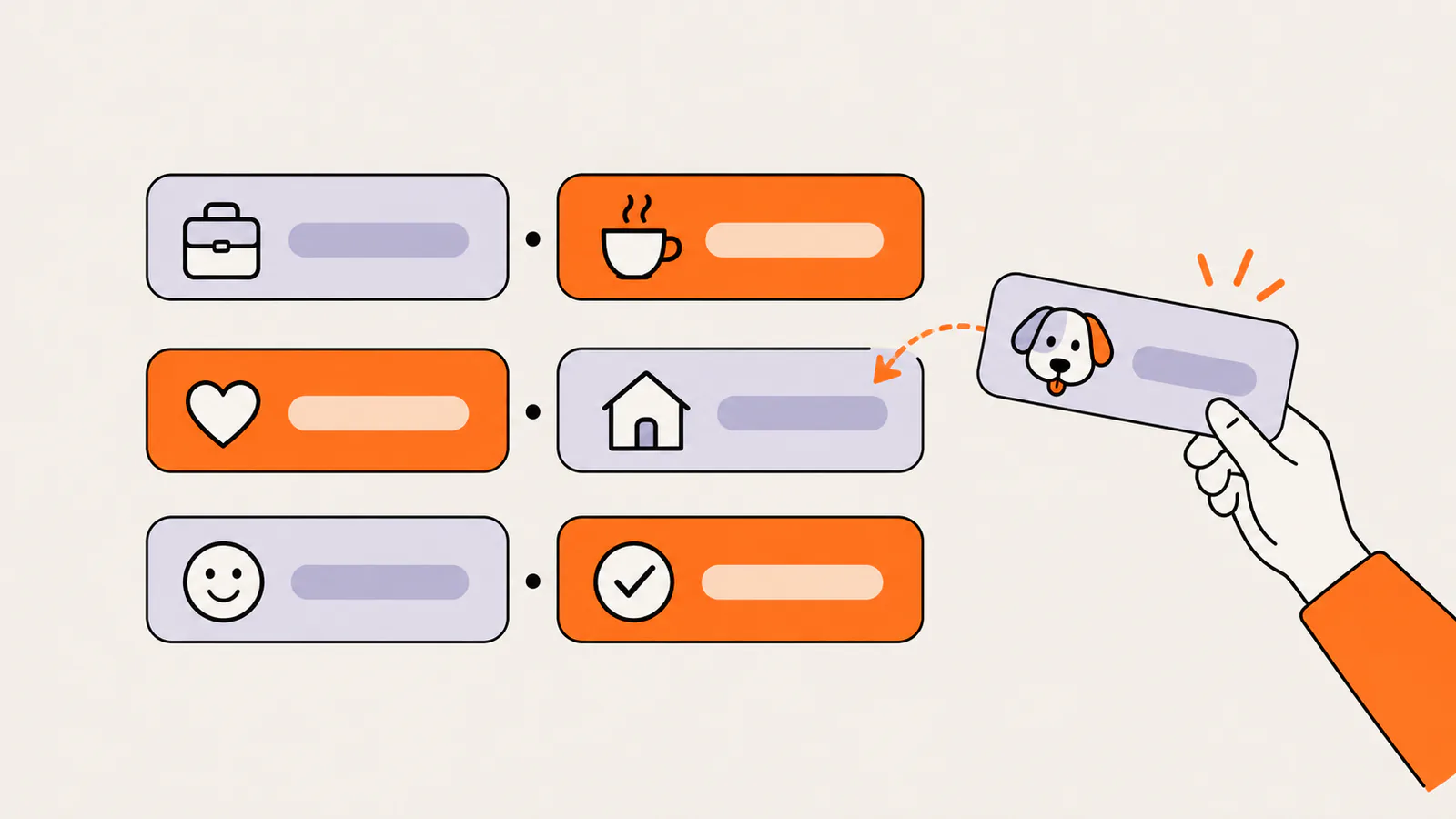 Three short bio strips made of paired blocks: briefcase with coffee cup, heart with house, and smiley with check mark, while a hand swaps a dog block into the middle strip