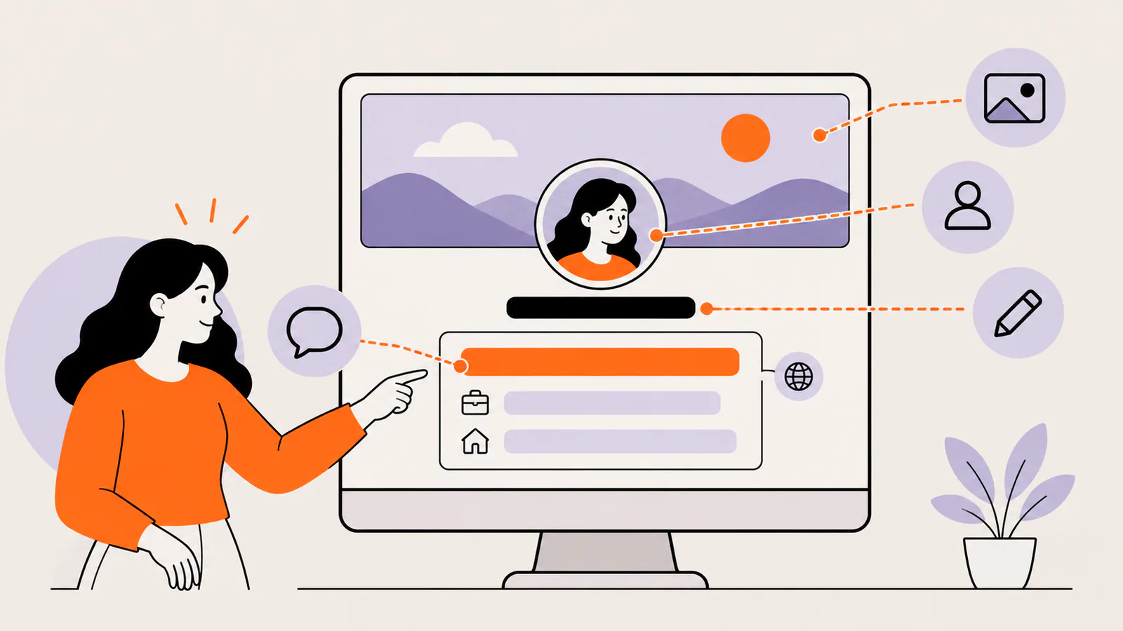 Desktop social profile split into parts: cover photo, profile picture, name, and an intro card with a highlighted bio line and work and home detail rows, with a globe icon showing it is public, as a person points at the bio