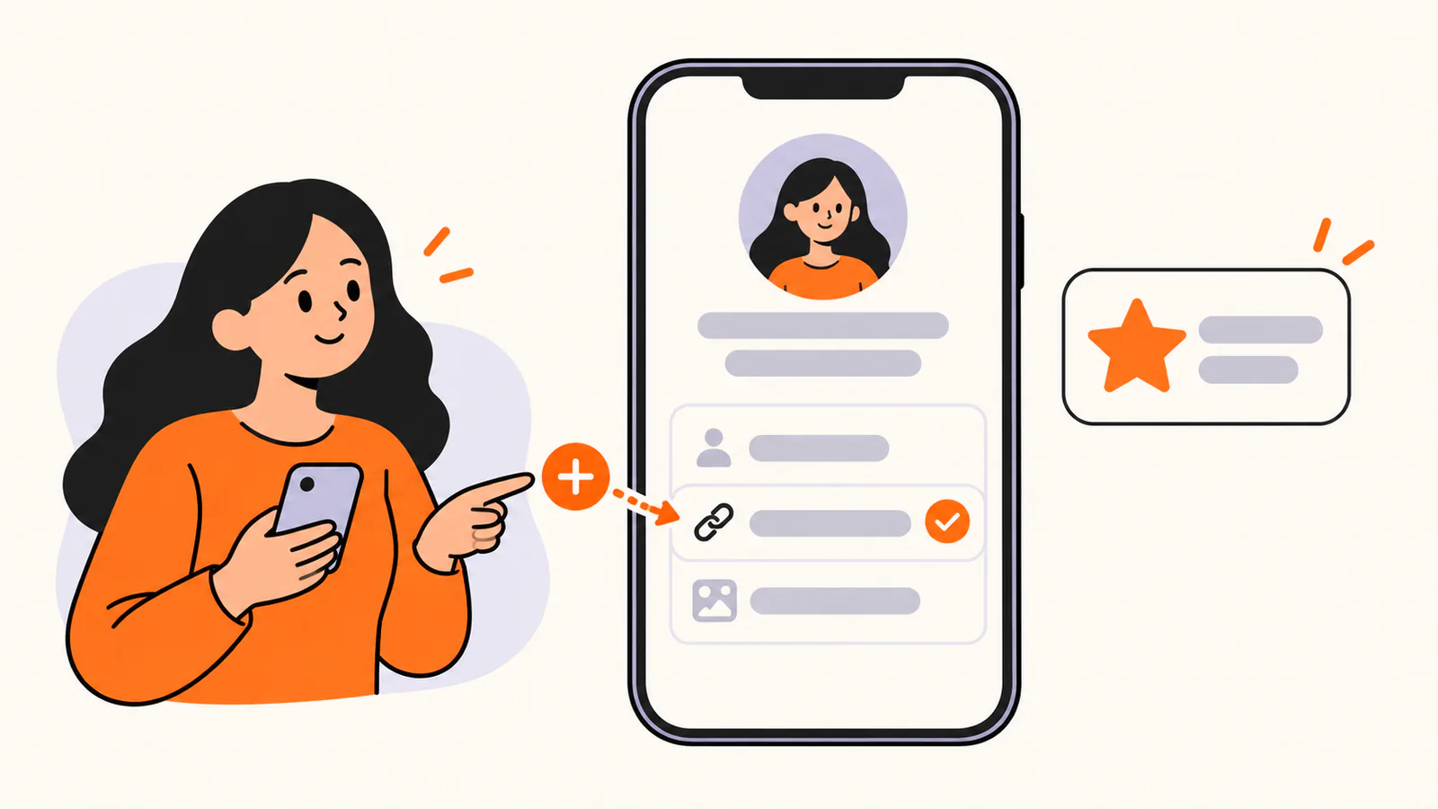 Person adding a website row to a public profile on a phone, next to a star badge that stands for a creator or business profile