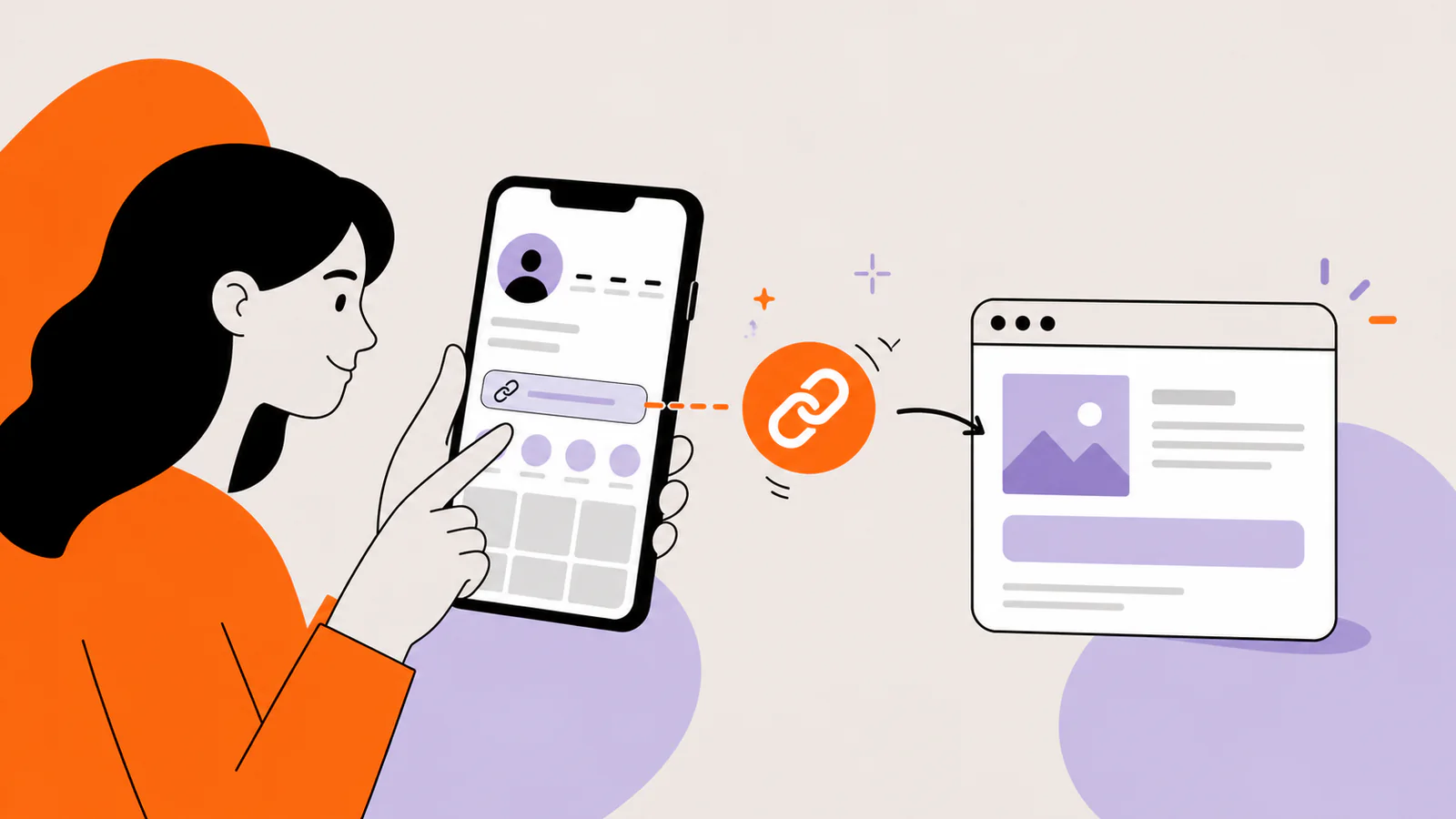Creator placing a website link into an abstract mobile profile and opening the destination page