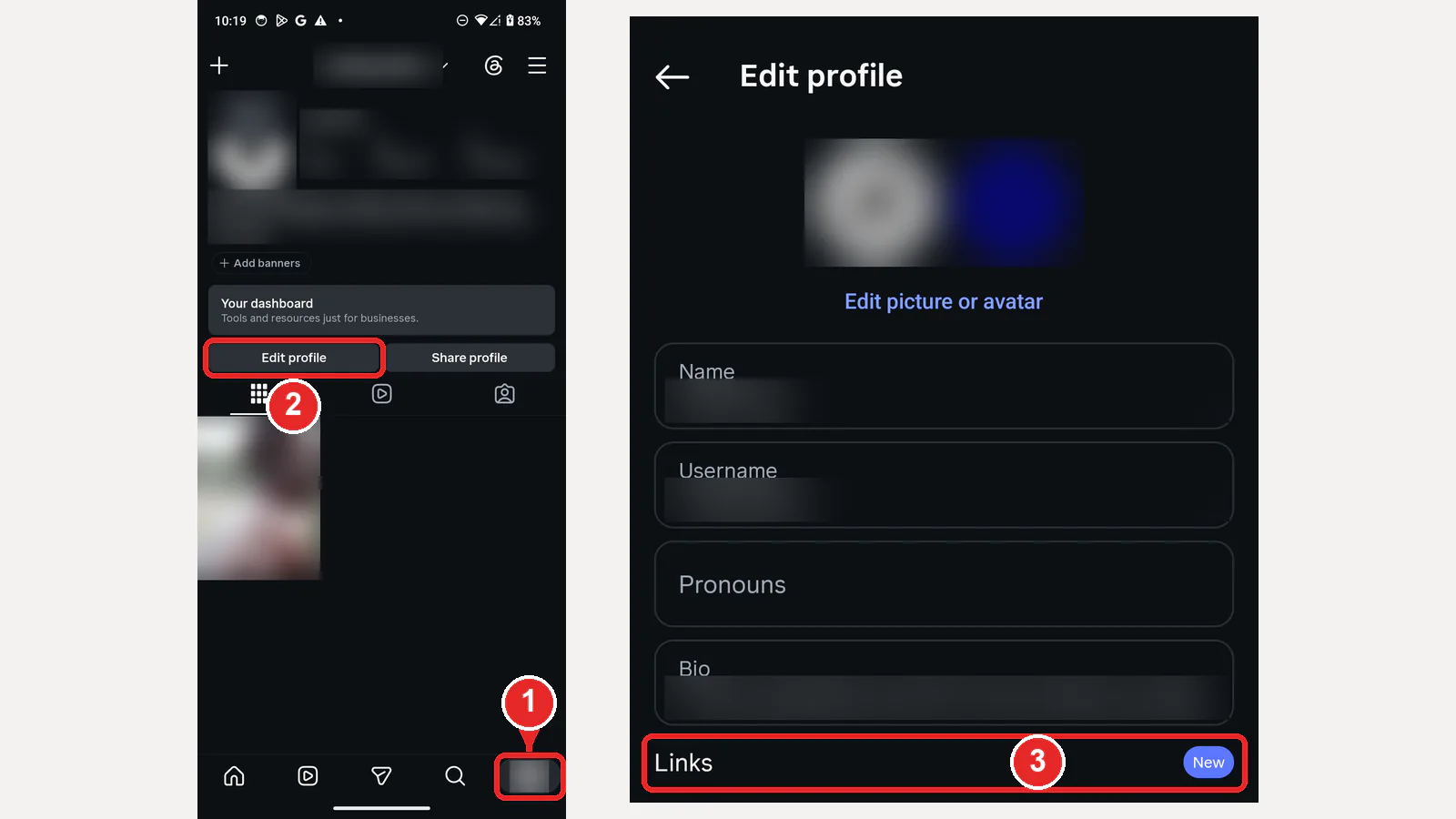 The Instagram app on an Android phone: the profile picture at the bottom right marked 1, the Edit profile button marked 2, and Links in Edit profile marked 3