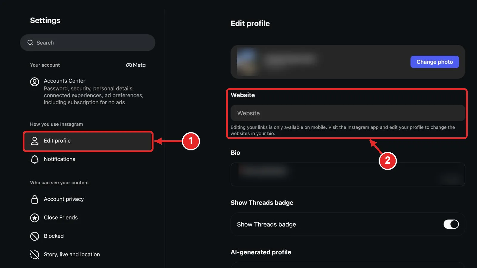 Instagram's Edit profile page on a computer with a disabled Website box and the note that editing links is only available on mobile, marked as steps 1 and 2