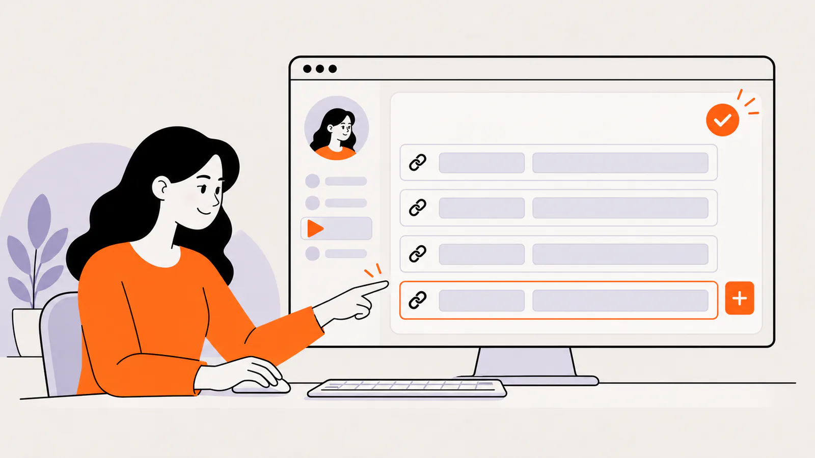 Creator at a desktop adding a fourth title-and-URL link row in a video channel's customization settings, with a check mark showing the change is published