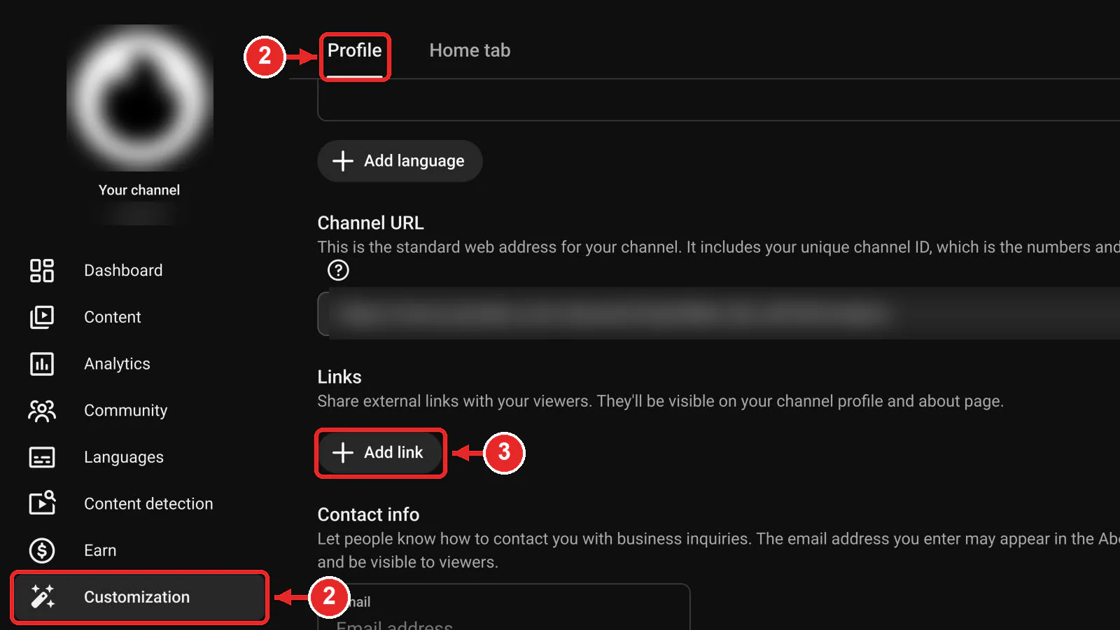 YouTube Studio with Customization selected in the left menu, the Profile tab open, and the Add link button under Links, marked as steps 2 and 3