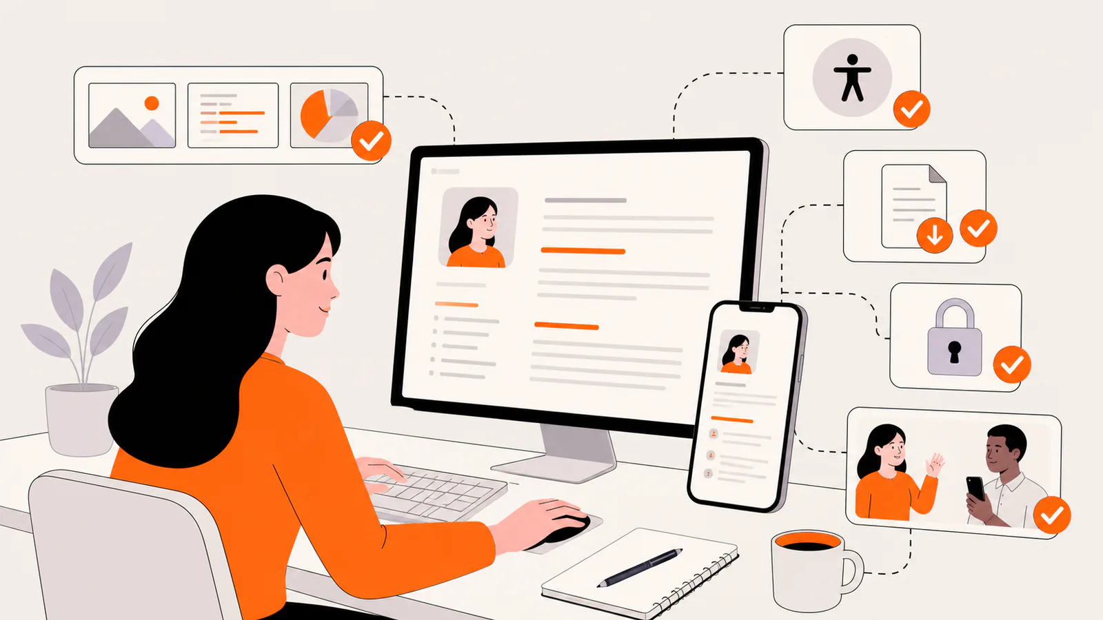 Professional checking a resume website across desktop and mobile for evidence, accessibility, privacy, and contact