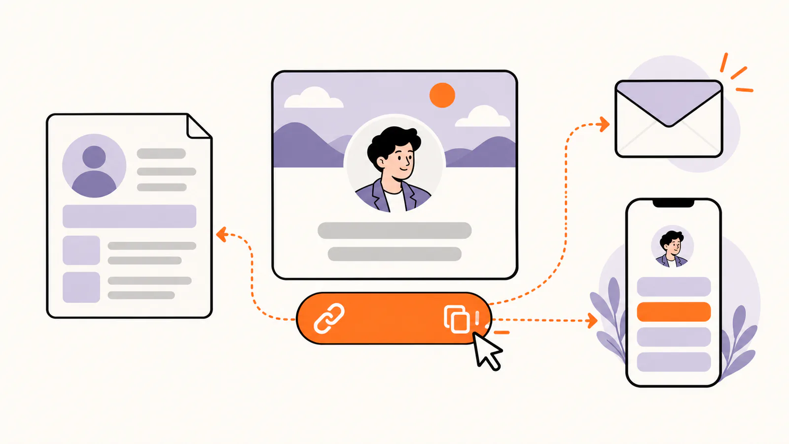 A professional profile card with an orange address pill and copy icon, with dotted arrows to a resume, an email and a link-in-bio page