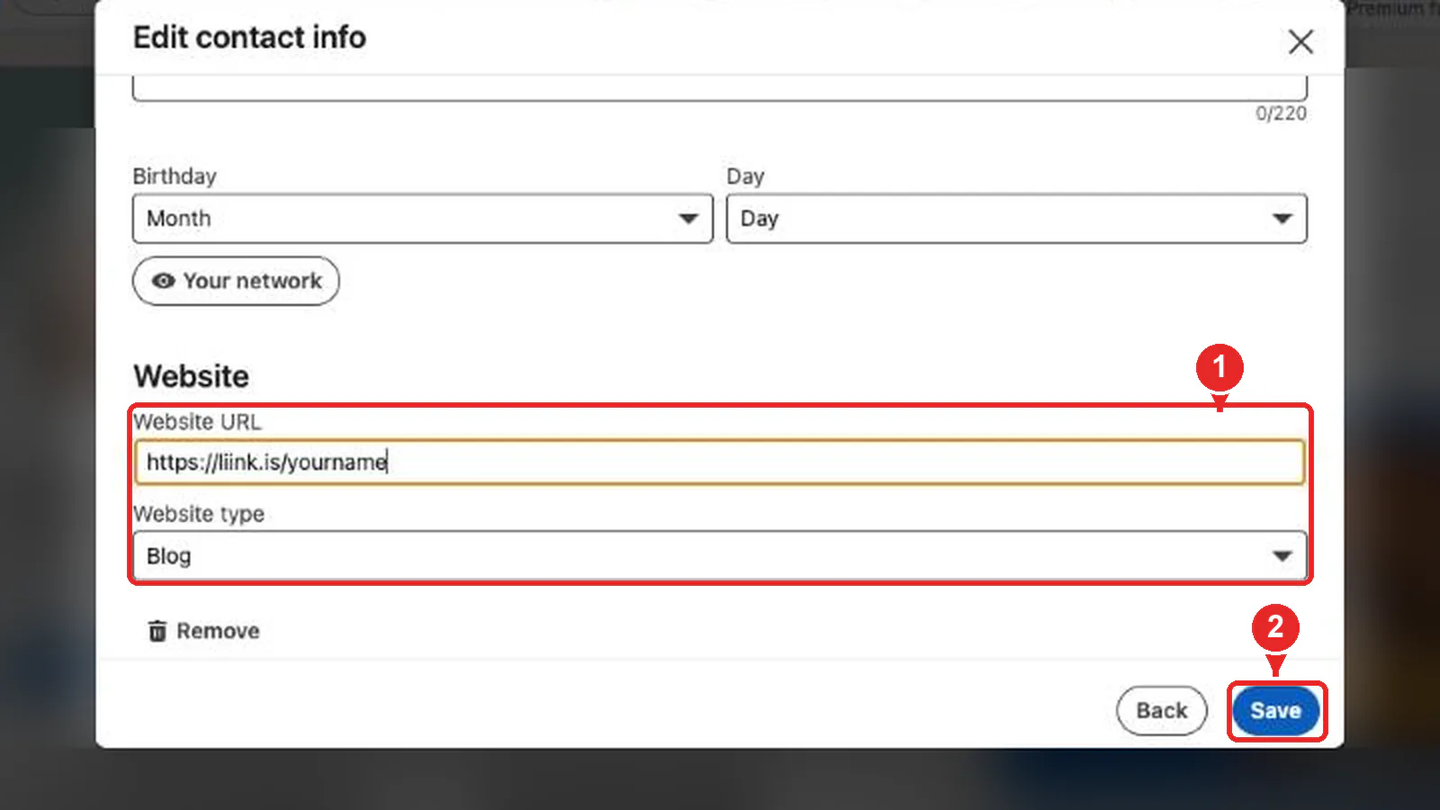 LinkedIn's Edit contact info form with a sample address in Website URL and the Website type menu marked 1, and the Save button marked 2