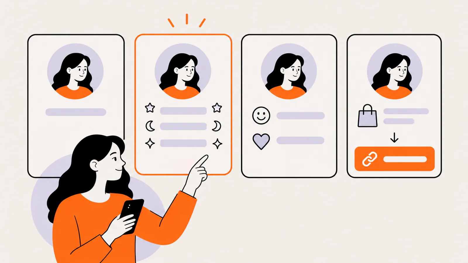 Four profile bio cards in different styles: minimal with one short line, aesthetic with star and moon symbols, playful with a smiley and heart, and business with a shopping bag and an arrow to a link row, as a person points at the aesthetic card