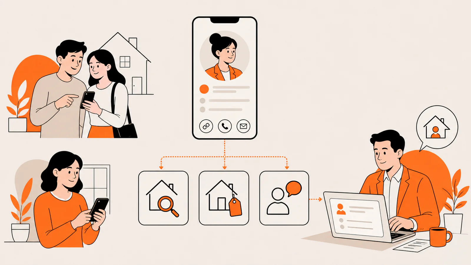Real-estate profile routing visitors to property search, listing details, and a direct conversation