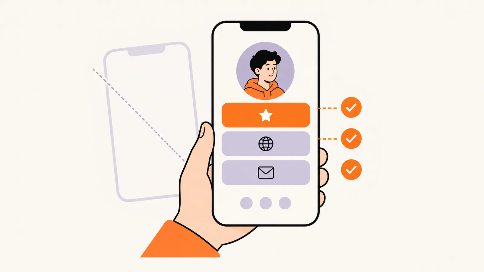 A hand holding a phone with a link-in-bio page whose first button is highlighted, followed by a website button, an email button and a few social icons, next to a faded empty page
