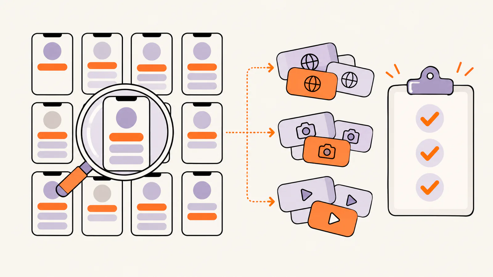 A magnifying glass over a grid of small link-in-bio pages whose buttons are sorted into piles of website, photo and video links next to a checklist
