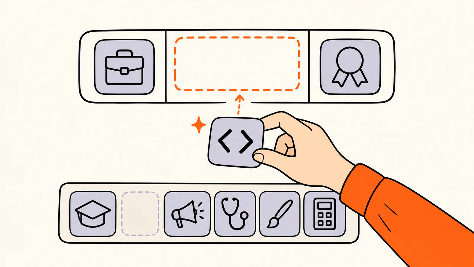 Headline bar with three slots: a briefcase tile, an empty middle slot and a medal tile, while a hand moves a code tile from a tray of graduation cap, megaphone, stethoscope, paintbrush and calculator tiles