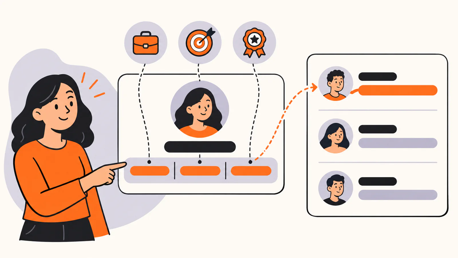 Profile intro card with a headline split into role, specialty and proof segments marked by briefcase, target and medal icons, linked to a search results list where the same headline appears under a name