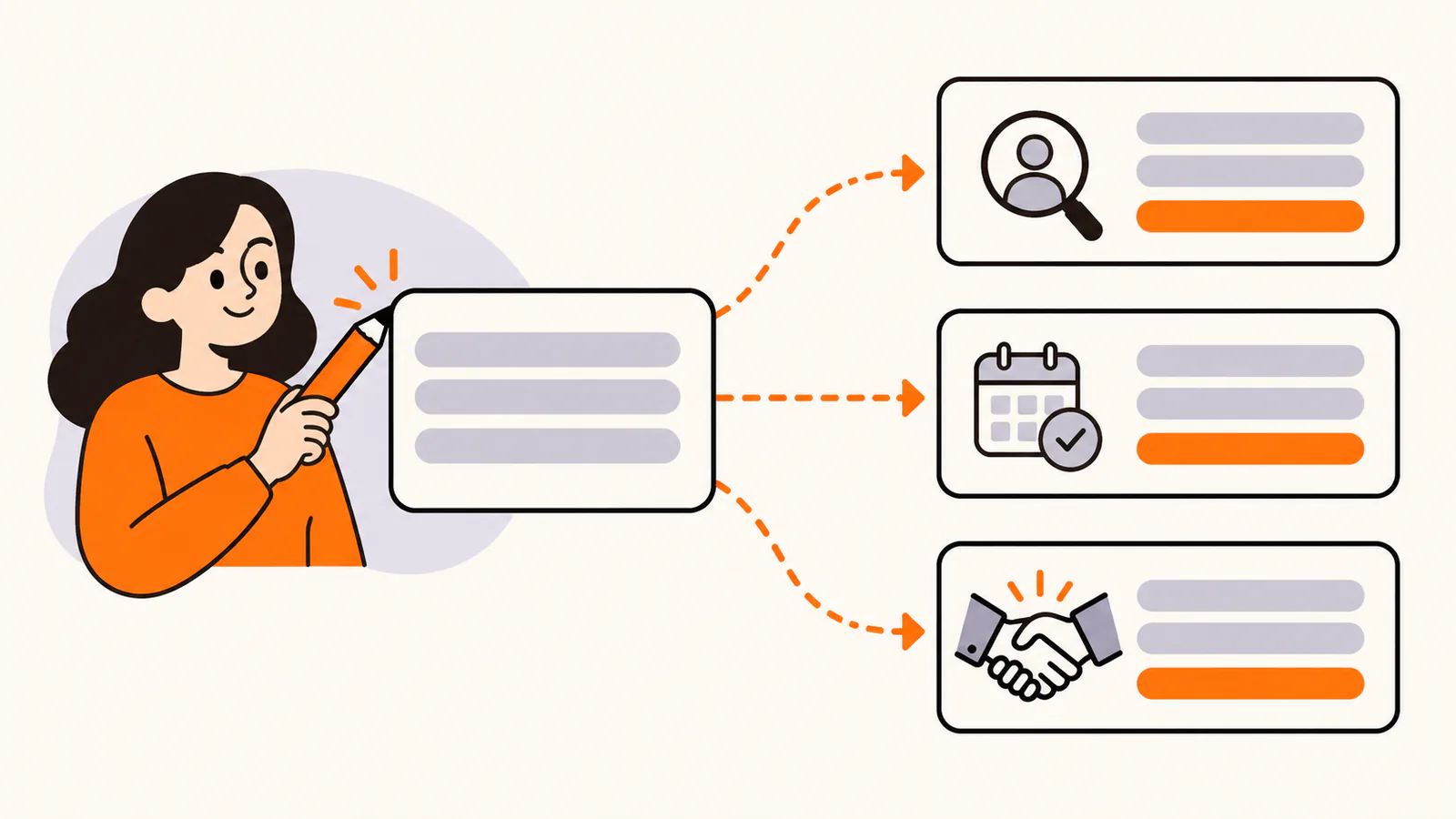 One summary card branching into three versions that end differently: one for recruiters with a magnifying glass, one for clients with a calendar check, and one for collaborators with a handshake
