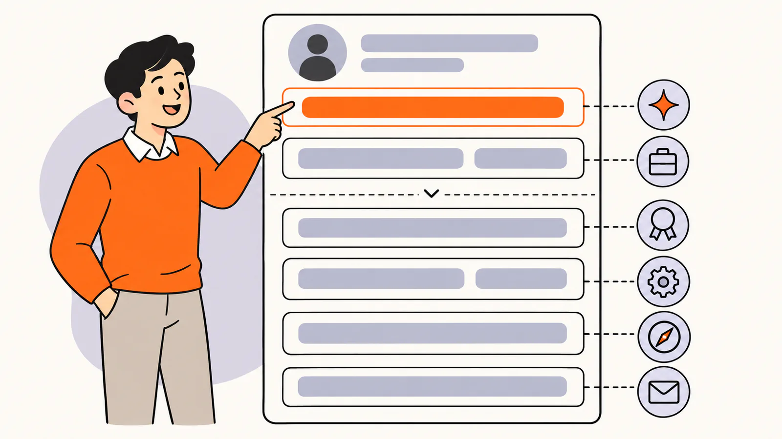 Profile About panel split into parts: a highlighted opening line with a spark icon, then lines for what you do, proof, how you work, current focus and contact, with a fold line under the opening as a person points at it