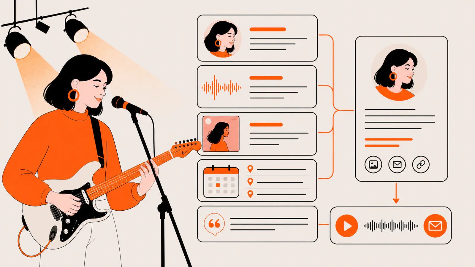 Musician assembling a biography from identity, sound, releases, tour dates, press context, and contact links