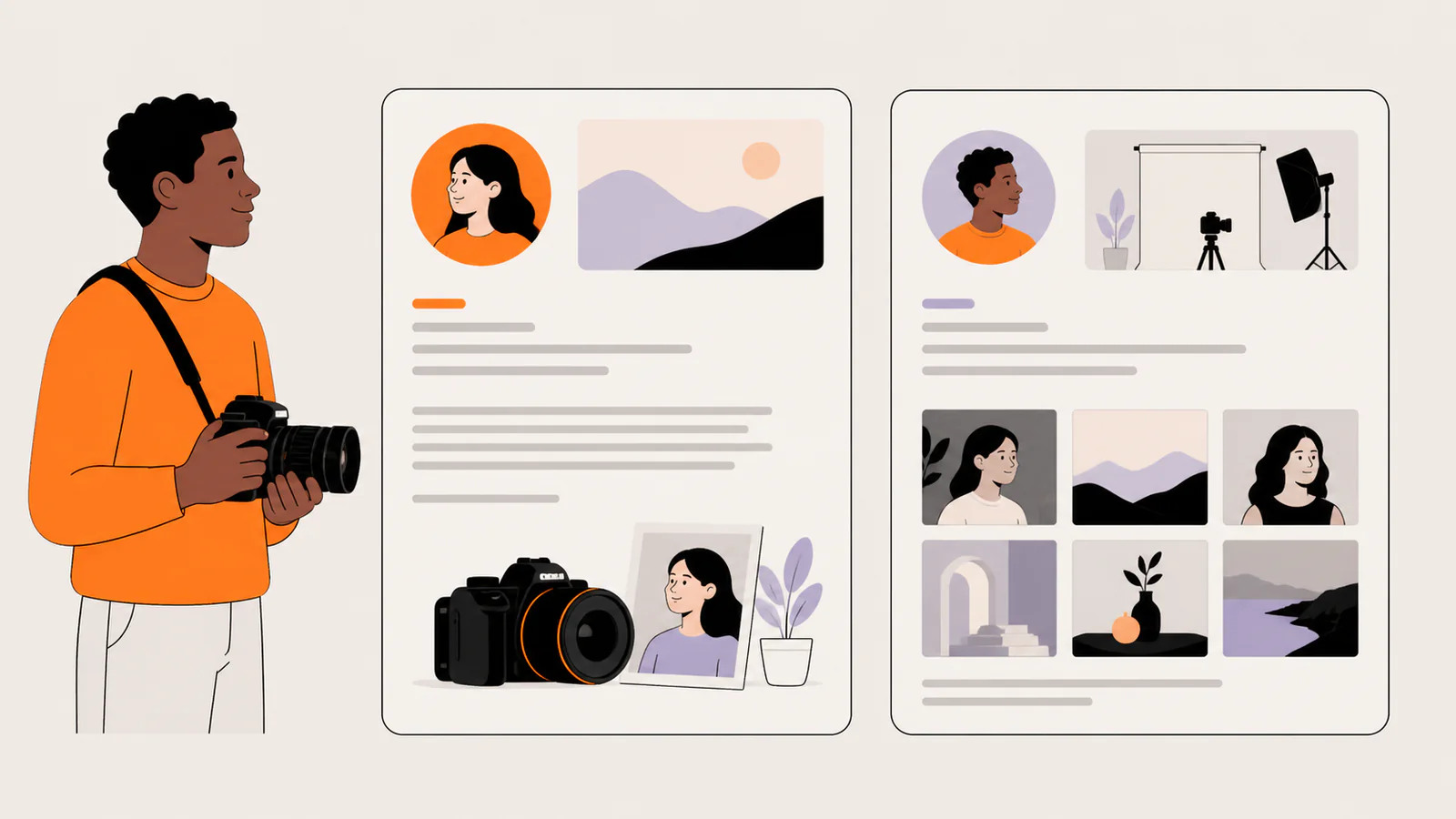 Photographer comparing first-person and third-person biography treatments across profile layouts