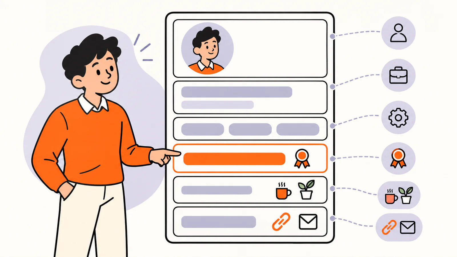 Professional profile card split into its parts: headshot, name and role, skill chips, a highlighted proof line with a medal, a personal detail with a coffee cup and plant, and a contact row with link and envelope icons