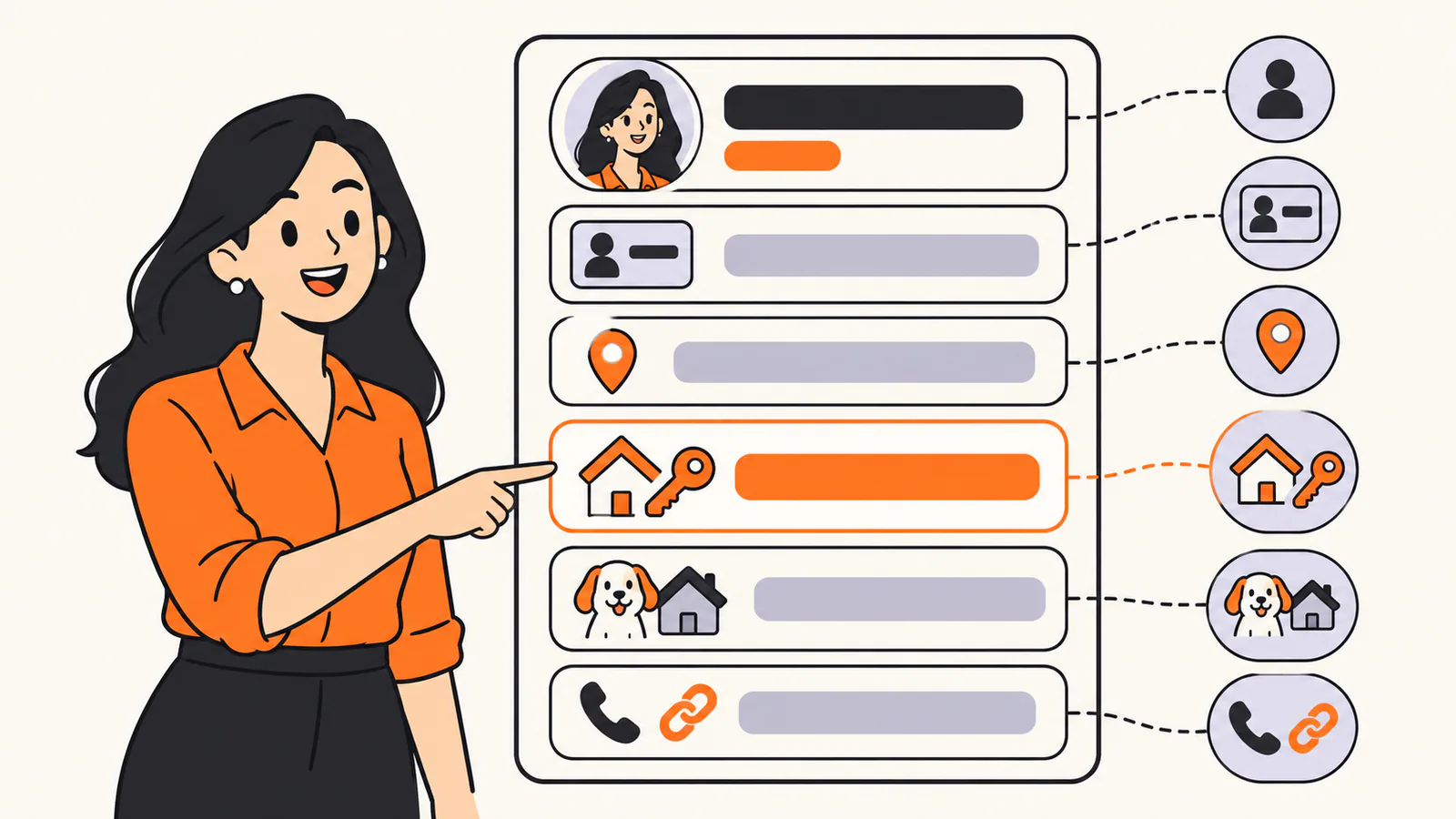 Agent profile card split into parts: headshot, name with a badge, service area with a map pin, a highlighted proof line with a house and key, a personal line with a dog and house, and a contact row with phone and link icons