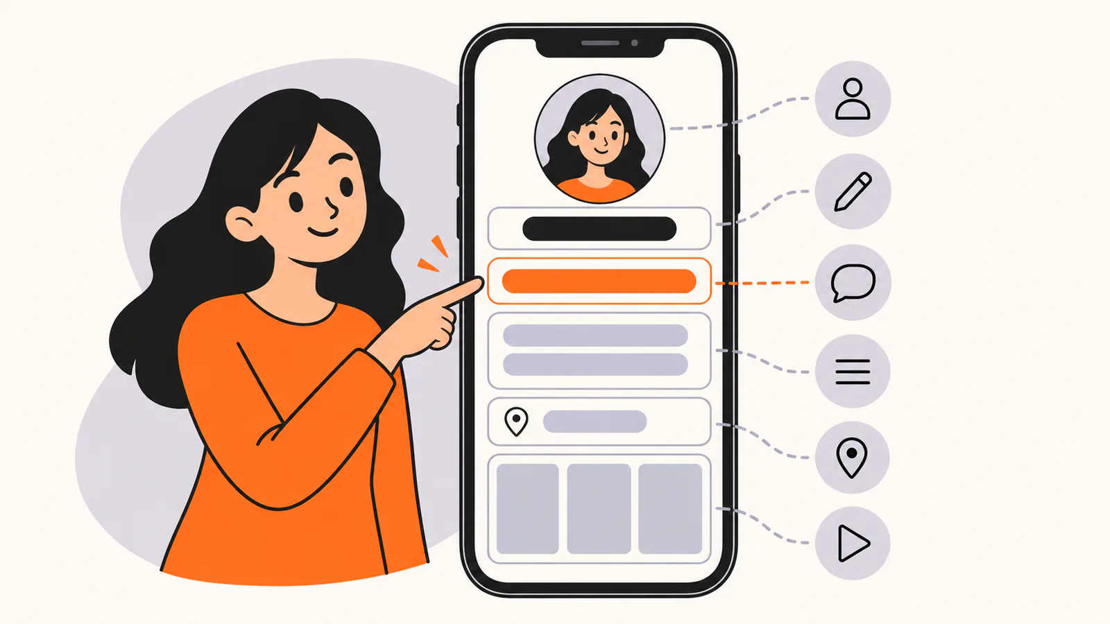 Phone showing a public profile split into parts: profile photo, name, a highlighted one-line bio, a short description, a location row and a row of story tiles, as a person points at the bio