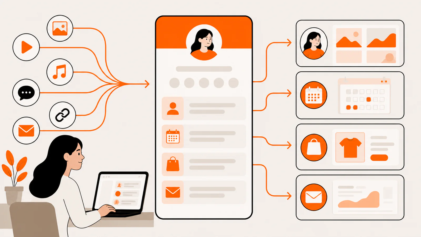 Social channels converging on one profile page that routes visitors to portfolio, calendar, shop, and newsletter destinations