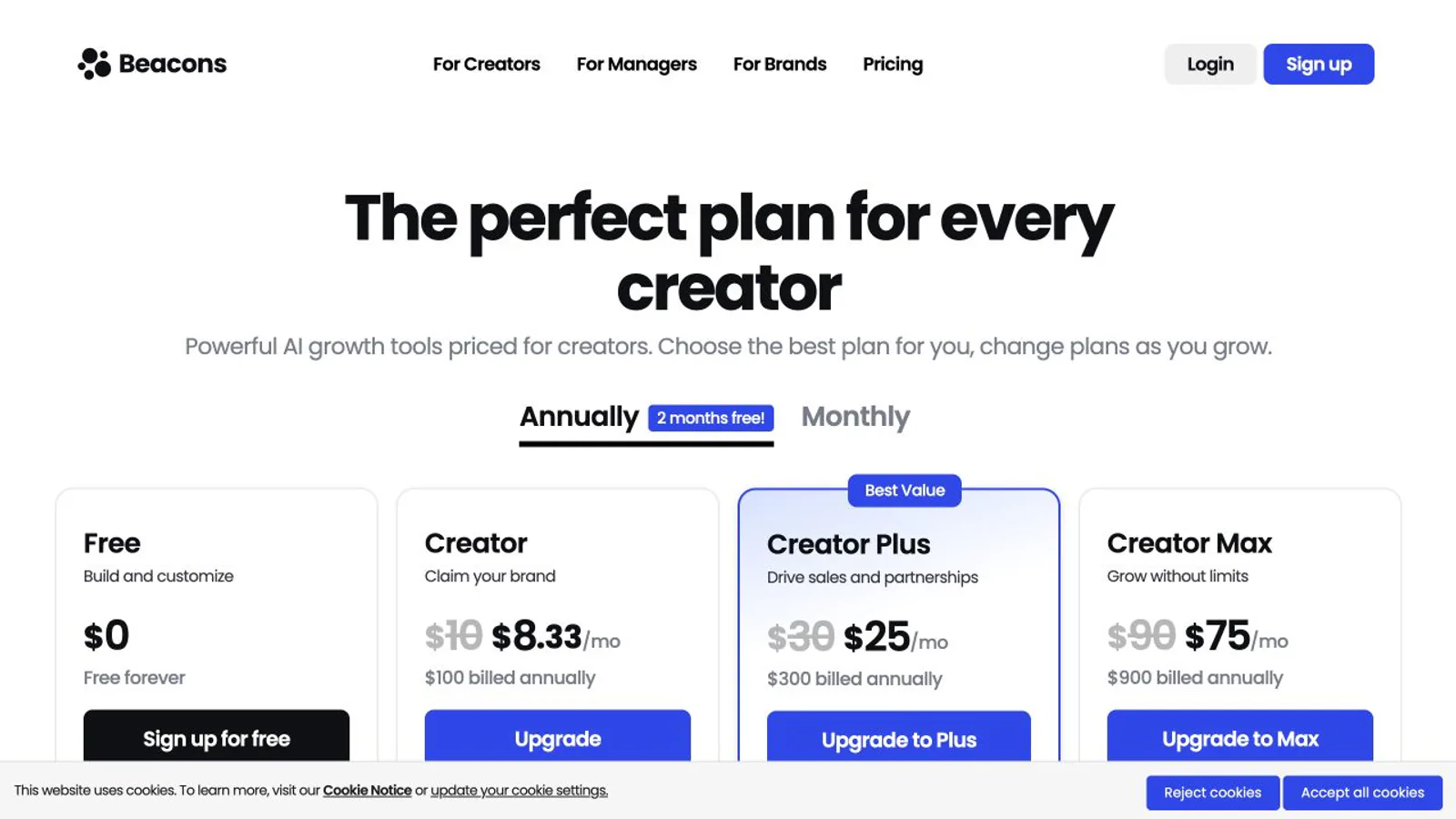 Beacons plans page showing creator-business features.