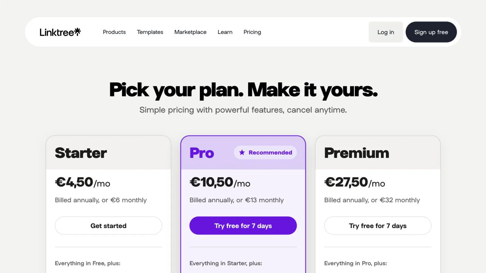 Linktree pricing page showing current plan options.