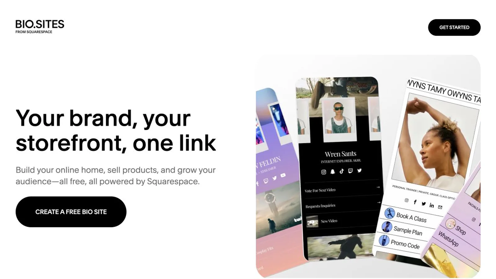 Bio Sites start page showing free creator templates.