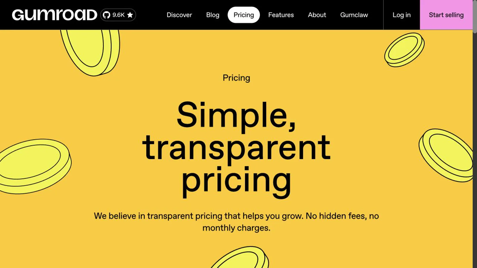 Gumroad pricing page showing the current digital-product fee structure.