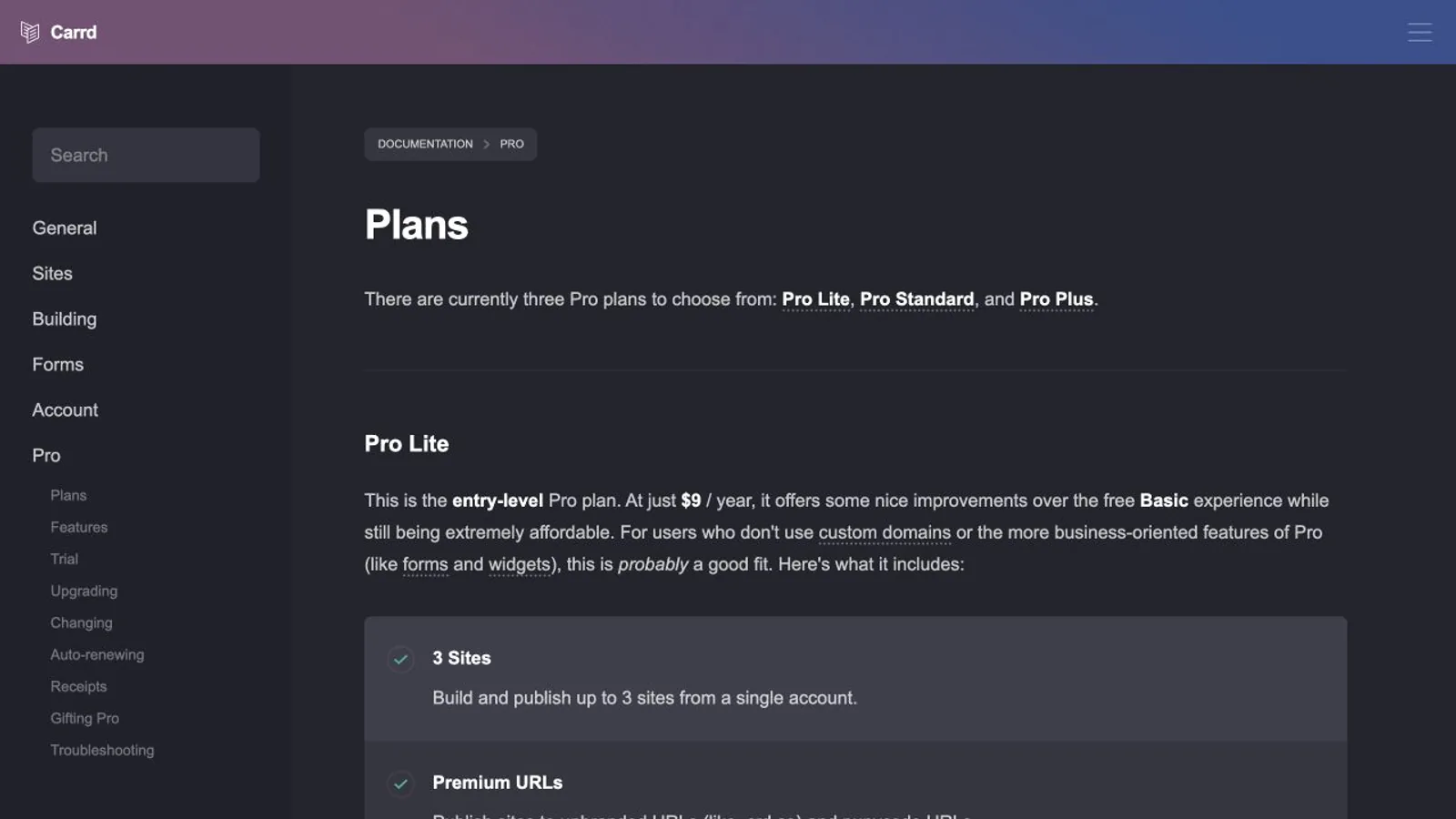 Carrd Pro plan table showing custom-domain, form, and analytics features.