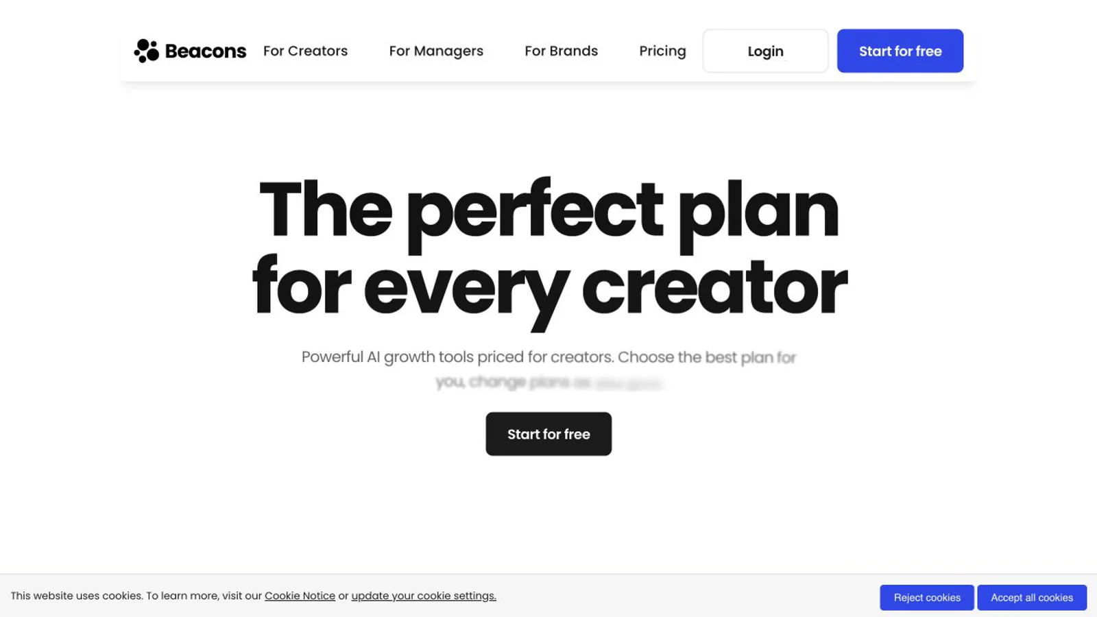Beacons pricing page showing free and paid creator plans.