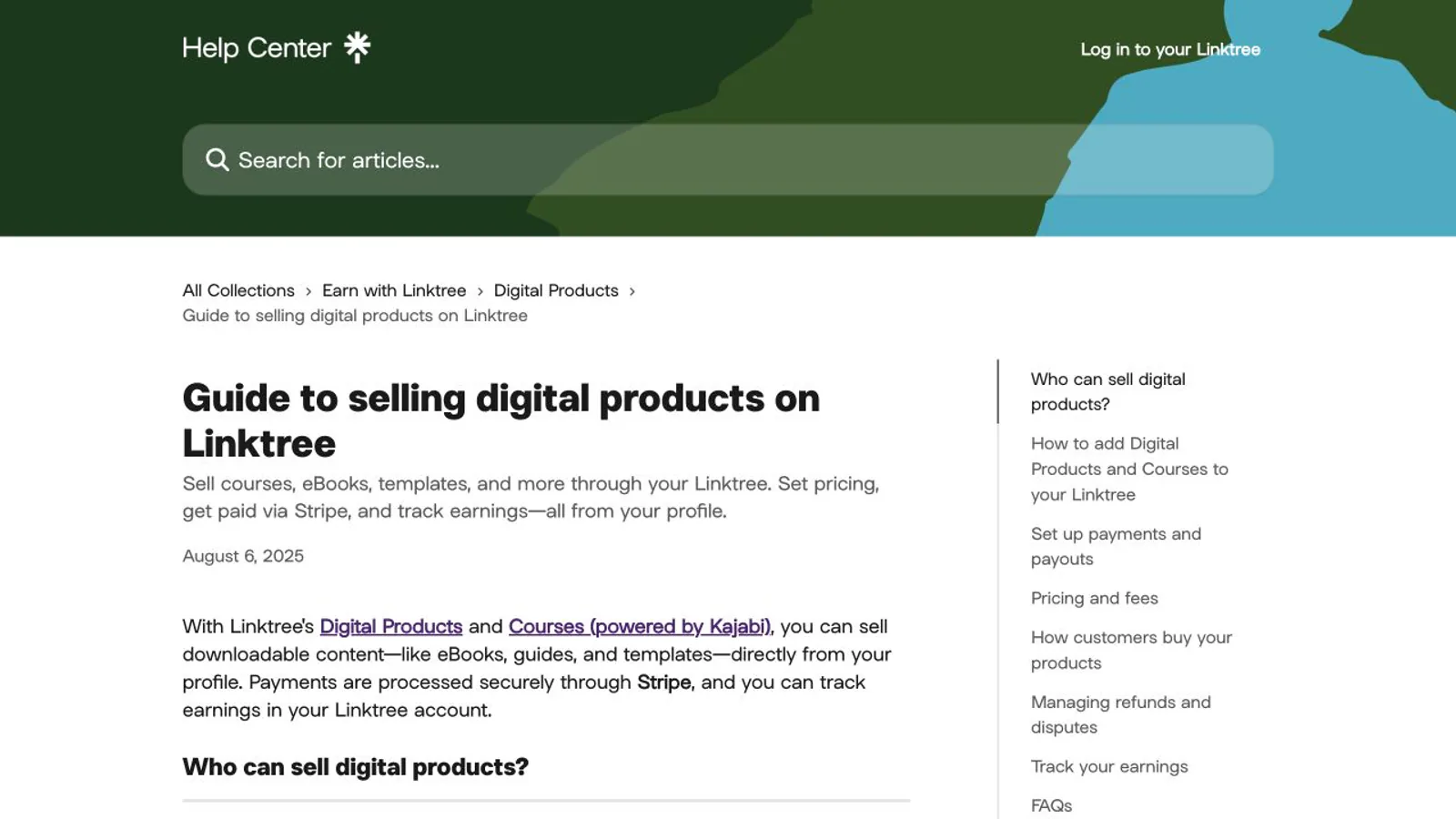 Linktree help guide showing how digital products are sold.