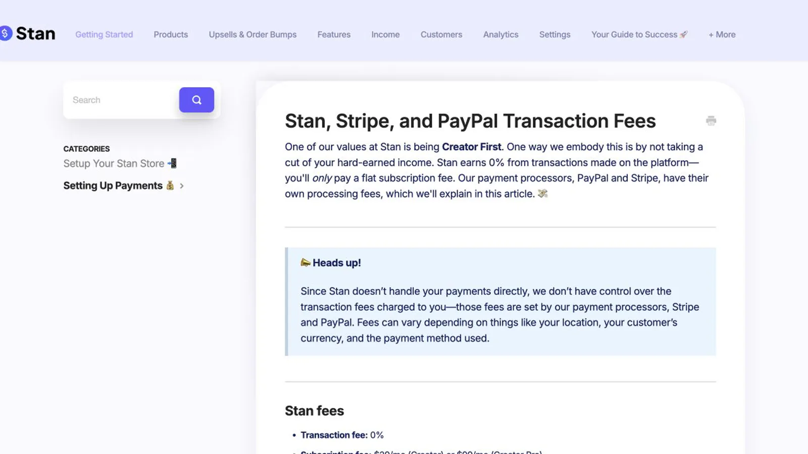 Stan transaction-fee help page.