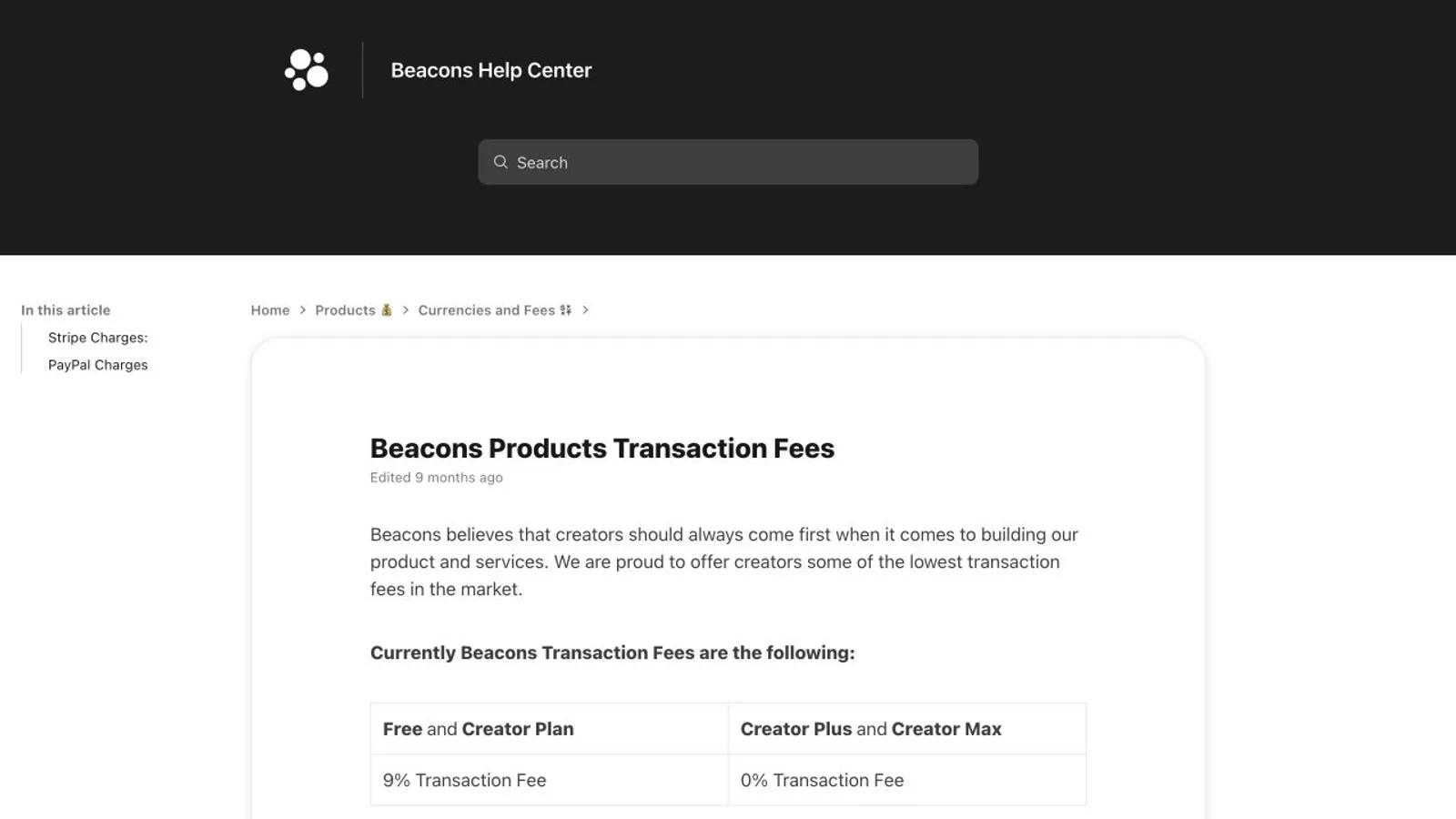 Beacons help page comparing capabilities across plans.