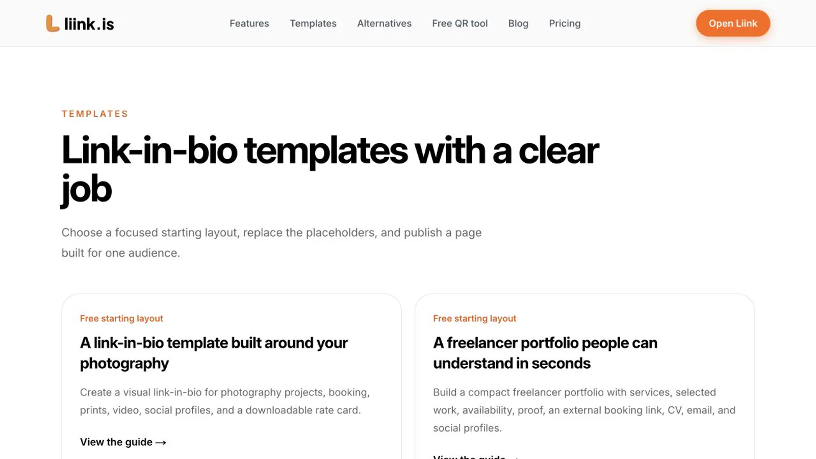 Liink templates page showing image-led visual profile layouts.
