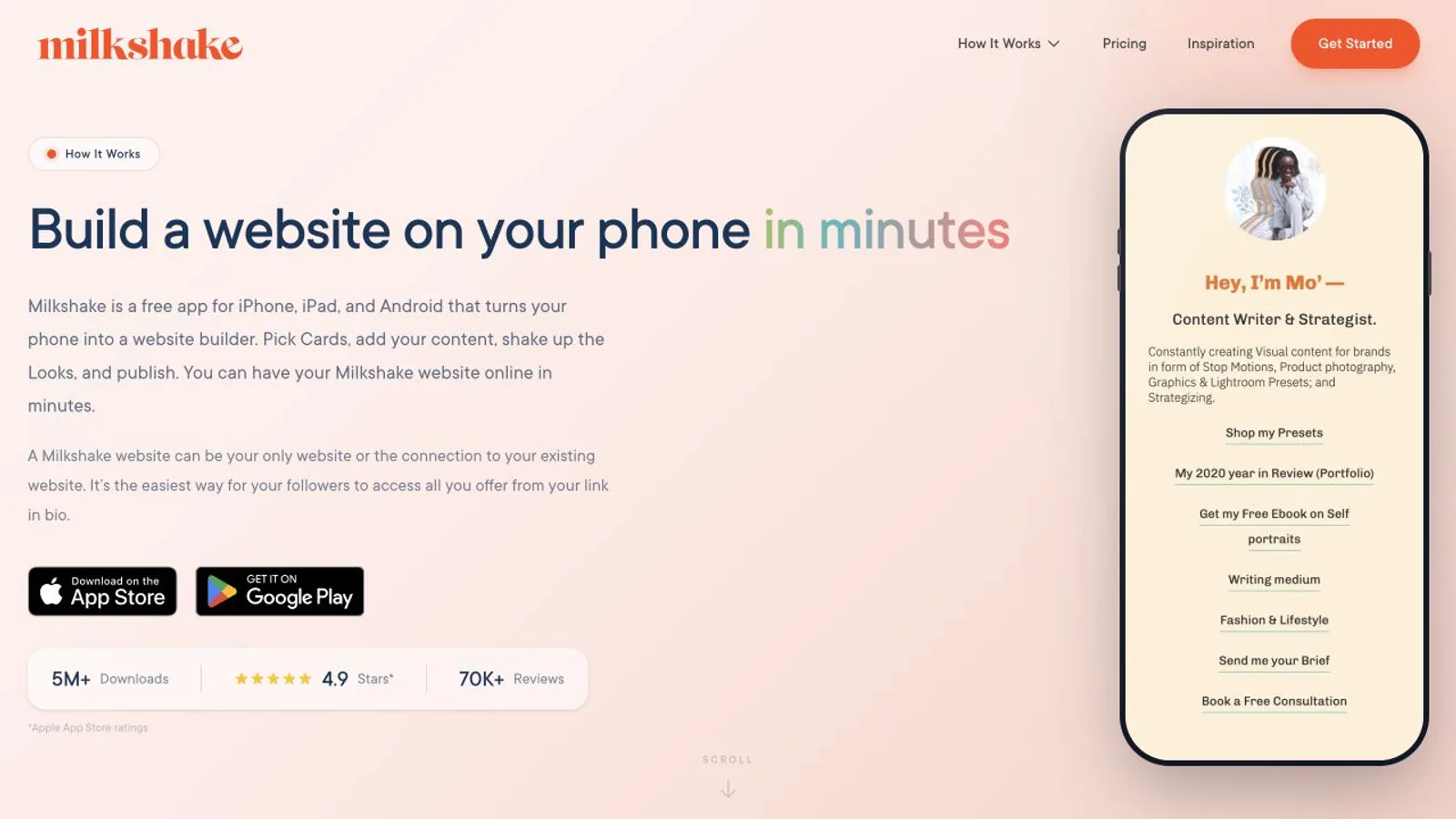 Milkshake product page showing its mobile card website format.