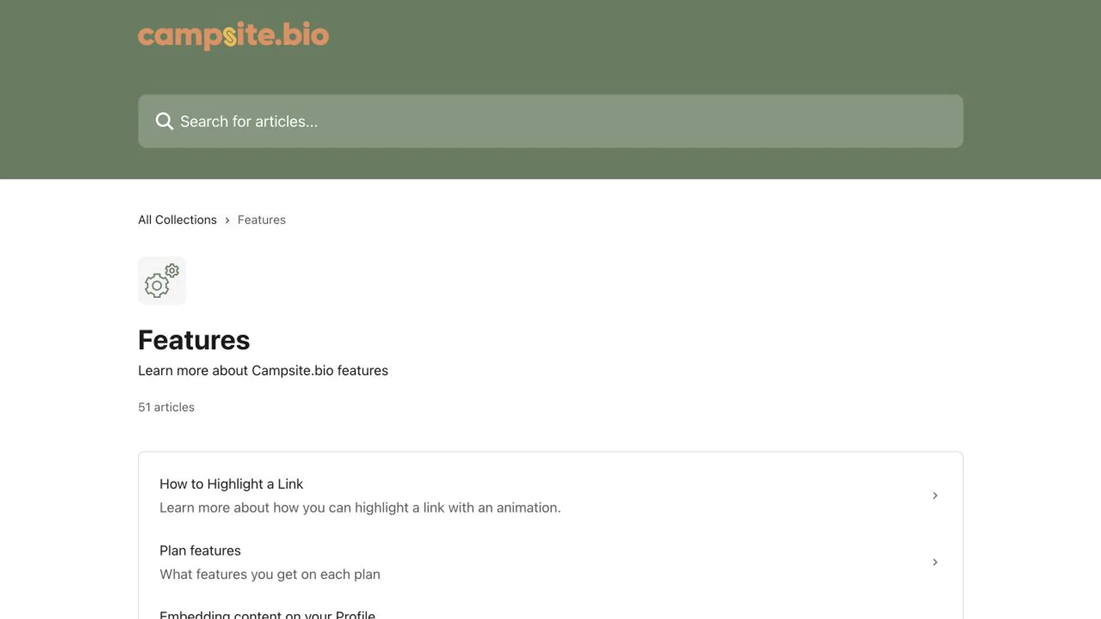 Campsite.bio feature collection showing supported link and content blocks.