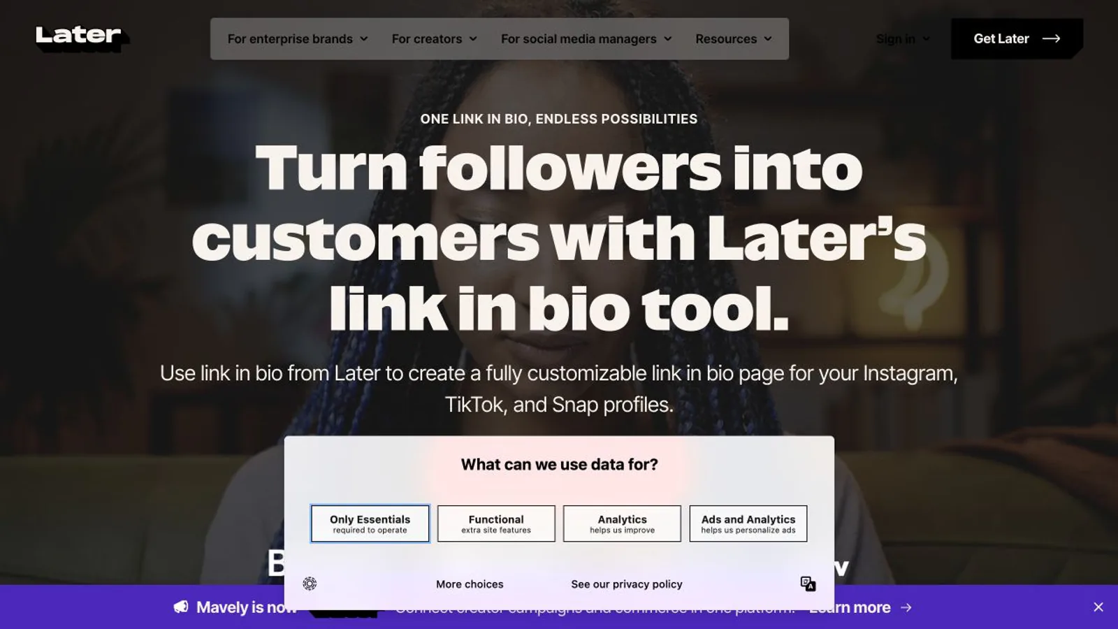 Later Link in Bio page showing linked Instagram and TikTok content.