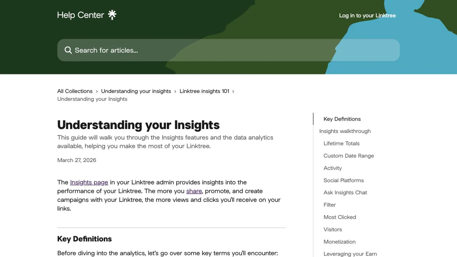Linktree Insights page showing analytics concepts.