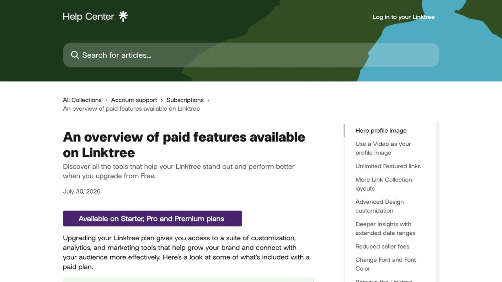 Linktree help page showing features available across paid plans.