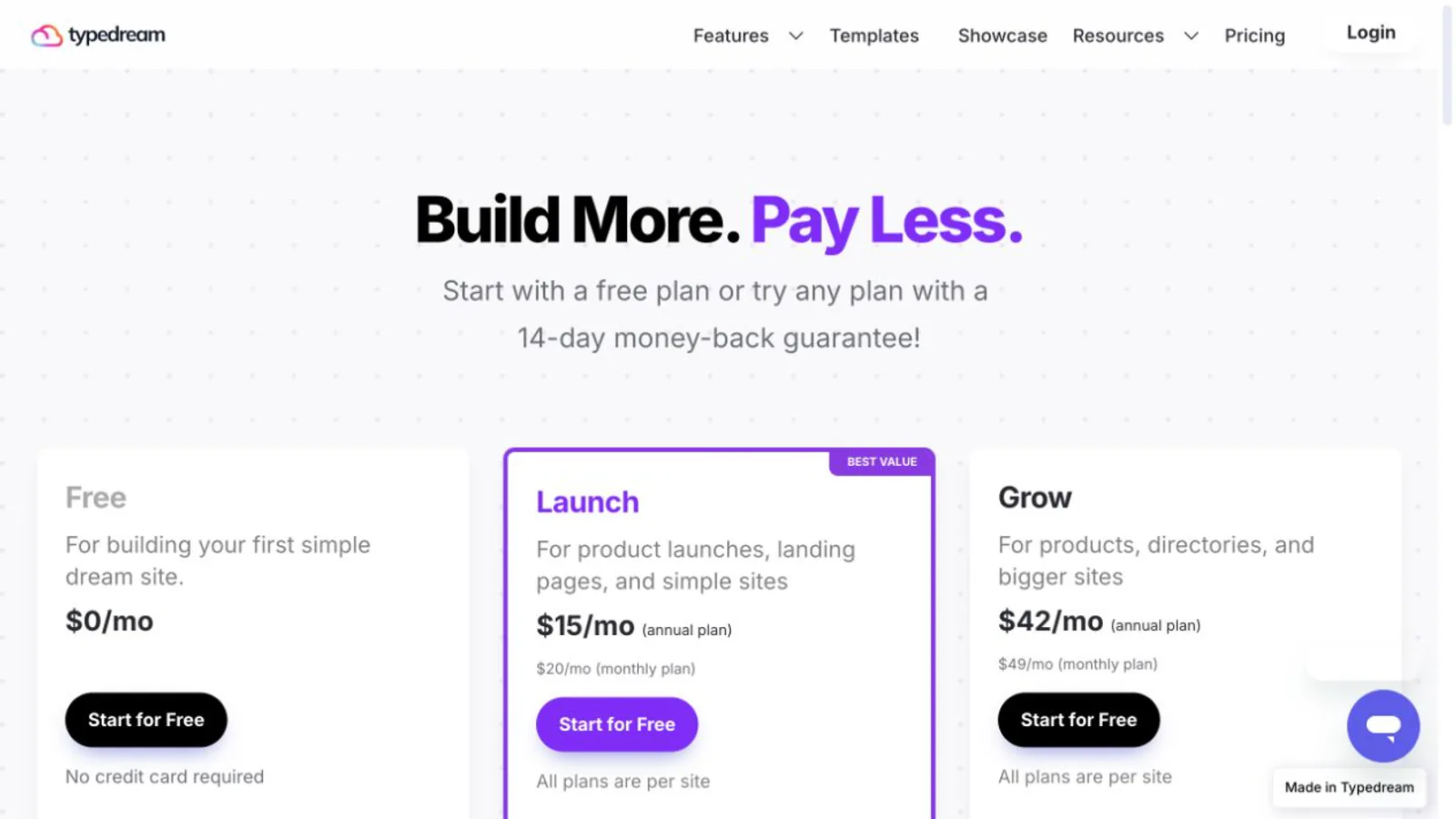 Typedream pricing page showing no-code website tiers.