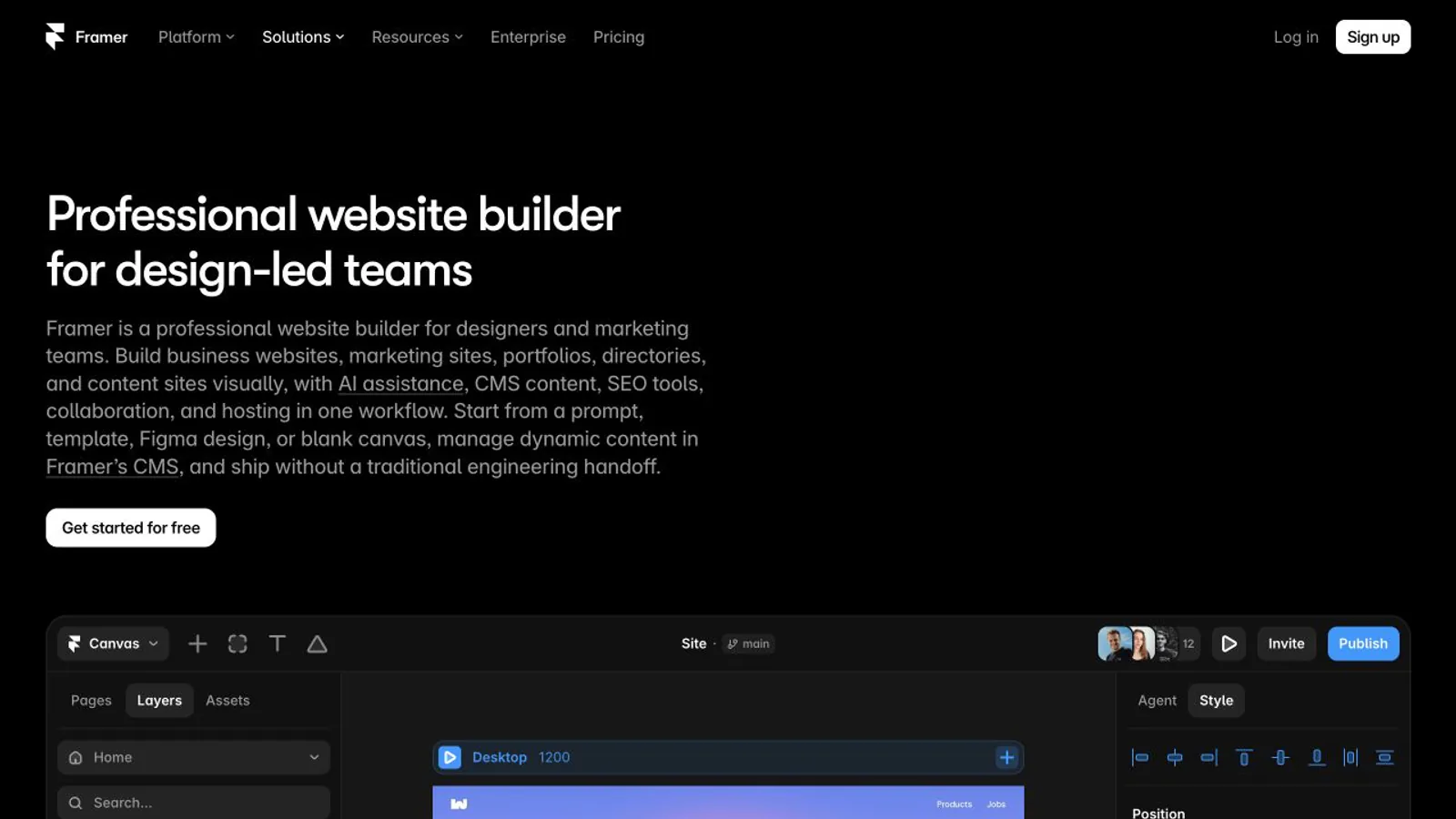 Framer website-builder page showing design and publishing features.