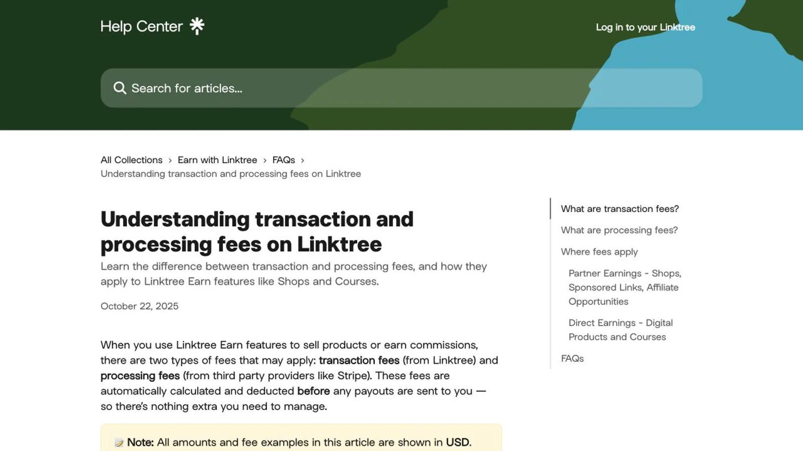 Linktree help page showing current transaction and processing fees.